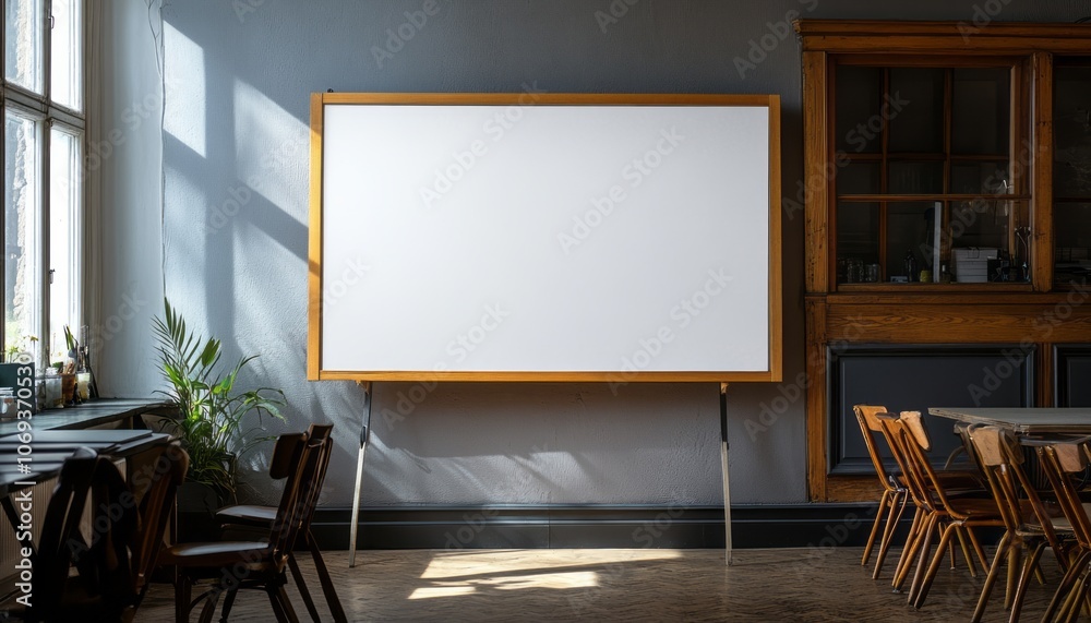 Bright meeting room with a blank whiteboard and wooden seating during daylight hours