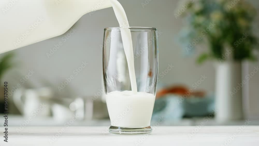 Milk pouring in glass cup close-up. Glass with yogurt, dairy products concept. Drinking fresh lactose-free milk in morning.
