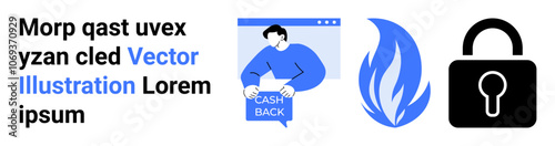 Three key elements a person with cash back sign in a browser window, a blue flame, and a black lock. Ideal for finance, security, e-commerce, promotions, fire safety, user interface, landing page