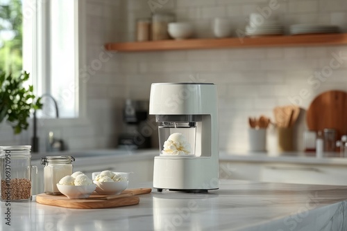 A modern kitchen scene with a homemade ice cream maker and fresh ingredients on the counter