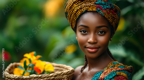 A Graceful Traditional Rwandese Girl with a Craft Basket in a Lush Rural Setting photo