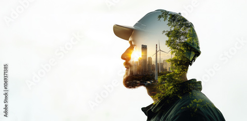 Double exposure of a man worker and a wind power plant with a cityscape background, green energy concept for the sustainable development goal