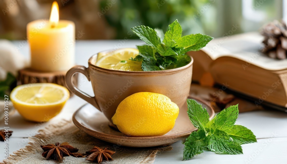 Light brown tea cup with lemon and sprig of mint - tea on white background with book and candle in background. Light brown tea cup with lemon and sprig of mint - tea on white background with book and candle in background.