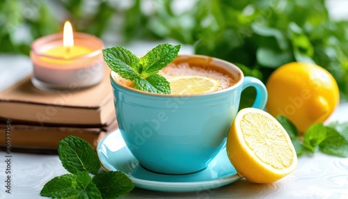 Light blue tea cup with lemon and sprig of mint - tea on white background with book and candle in background.  photo