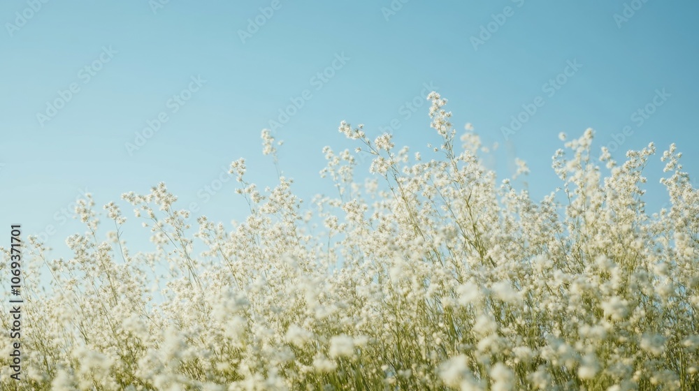 A serene scene featuring a field of white flowers against a bright blue sky A serene scene featuring a field of white flowers against a bright blue sky