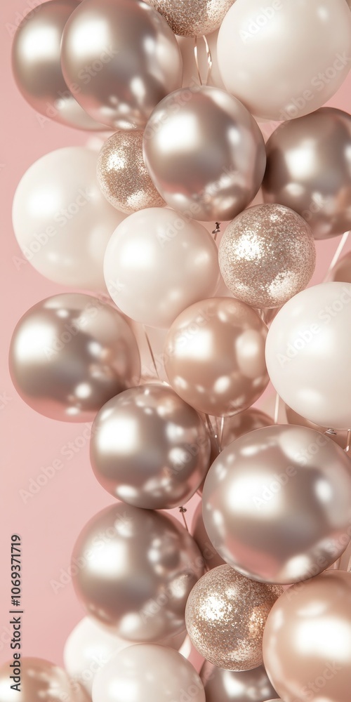 Elegant celebration with gold, white, and silver balloons on a pink background Elegant celebration with gold, white, and silver balloons on a pink background