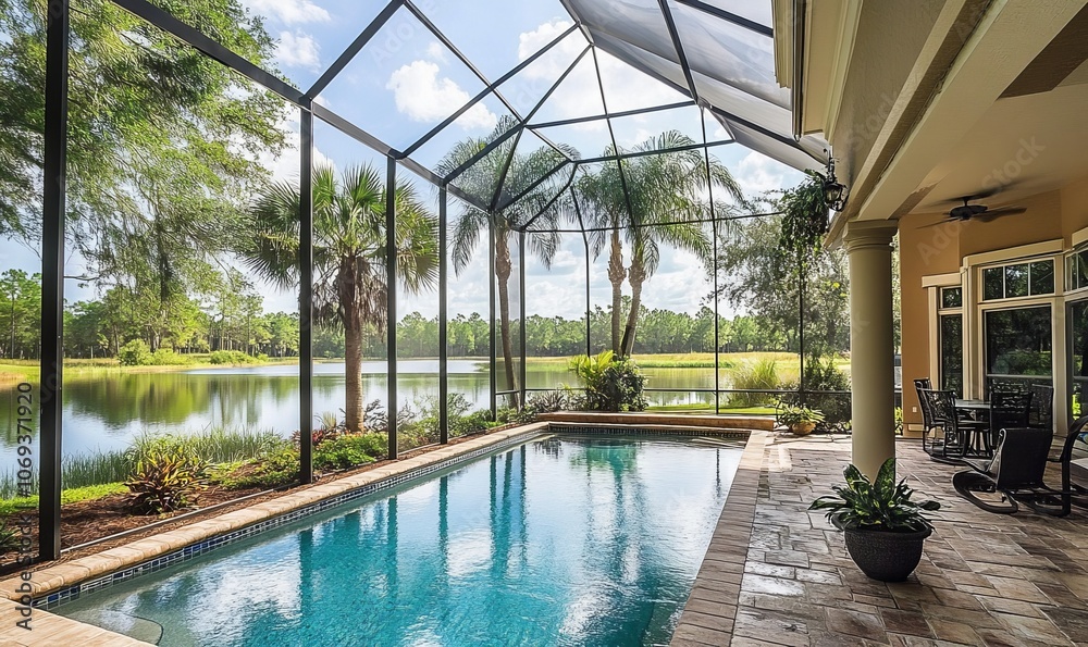 Fototapeta premium A luxurious Florida mansion boasts a screened-in pool and patio overlooking a tranquil lake. Palm trees and lush greenery enhance the tropical ambiance