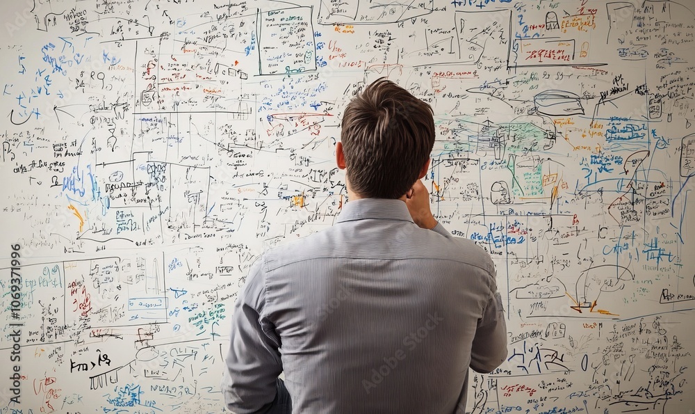 A man contemplating complex ideas on a whiteboard full of notes and diagrams A man contemplating complex ideas on a whiteboard full of notes and diagrams