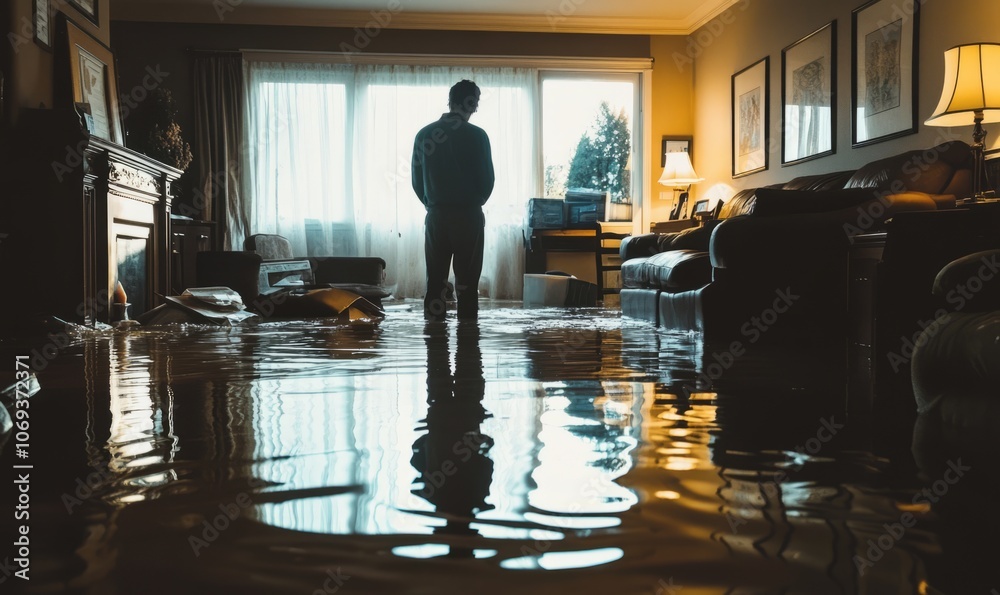 A person stands in a flooded living room, water covering the floor as they assess the damage and plan their next steps A person stands in a flooded living room, water covering the floor as they assess the damage and plan their next steps