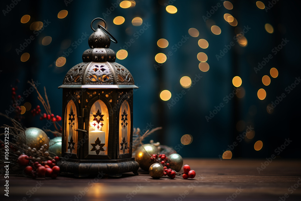 Beautiful lantern with glowing candle surrounded by holiday decorations and lights, creating a warm and festive atmosphere. Beautiful lantern with glowing candle surrounded by holiday decorations and lights, creating a warm and festive atmosphere.