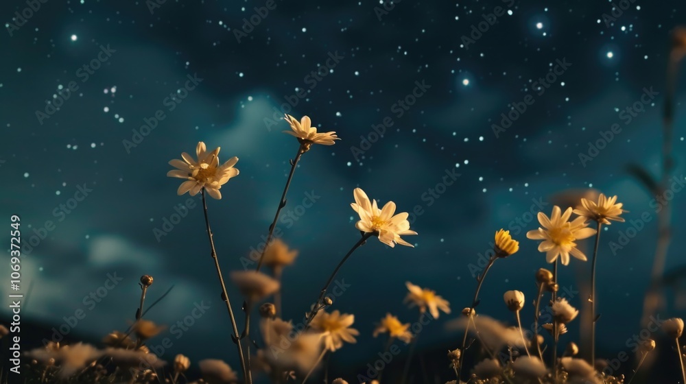 A picturesque scene of a field filled with flowers under a starry night sky A picturesque scene of a field filled with flowers under a starry night sky