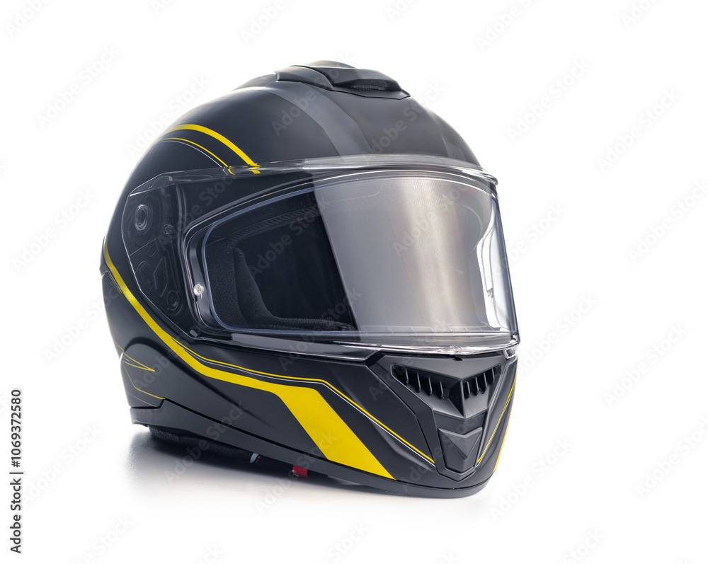Fototapeta premium Black motorcycle helmet isolated on white background.