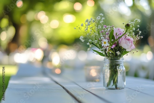 A decorative mason jar filled with fresh flowers placed on a table