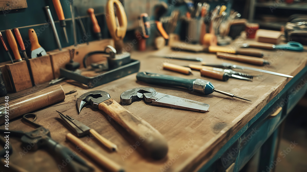 Fototapeta premium DIY workshop table with tools for crafting and woodworking