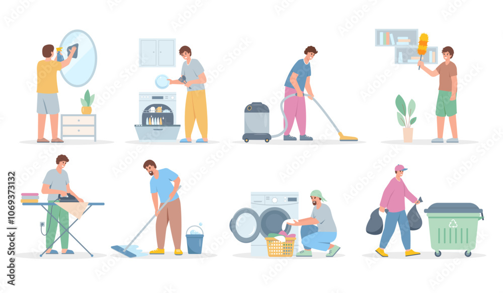 Set of Men Washing Dishes, clothes, mirror and floor, Vacuuming and ironing. People doing housework. Vector male character illustrations on white background. Set of Men Washing Dishes, clothes, mirror and floor, Vacuuming and ironing. People doing housework. Vector male character illustrations on white background.