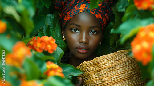 A Graceful Traditional Rwandese Girl with a Craft Basket in a Lush Rural Setting photo