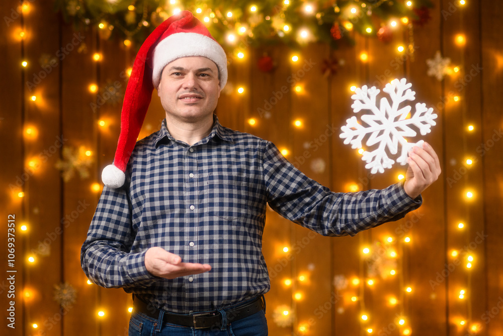 Obraz premium A man poses with big snowflake in New Year decorations with festive illumination and garlands, Christmas lights and decorations background, Holiday theme