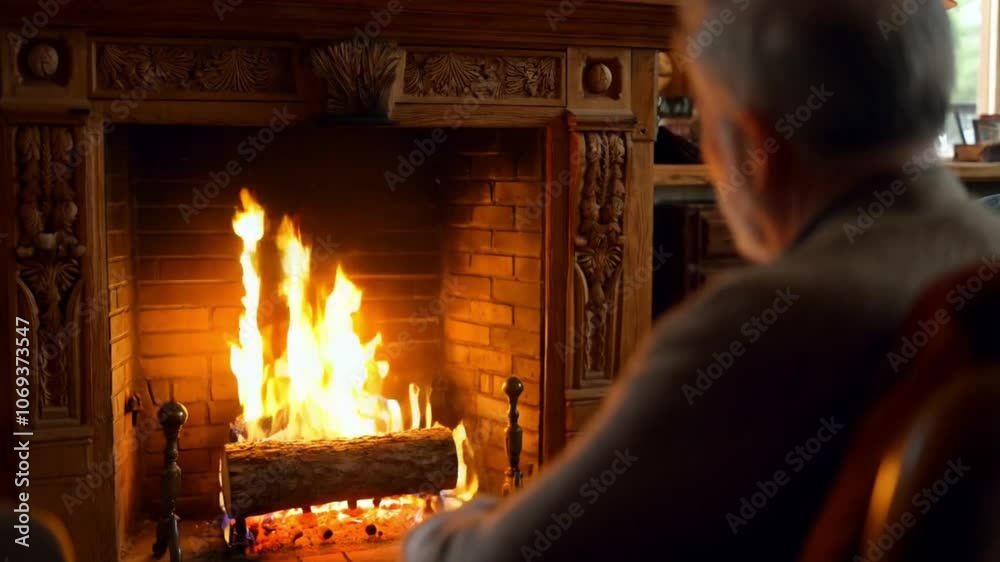 A fireplace with a log burning in it. The fire is orange and yellow