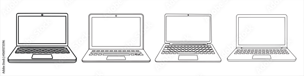 Set of minimalist silhouette of a laptop icon, isolated on a withe background, blank laptop screen for inserting a picture Set of minimalist silhouette of a laptop icon, isolated on a withe background, blank laptop screen for inserting a picture