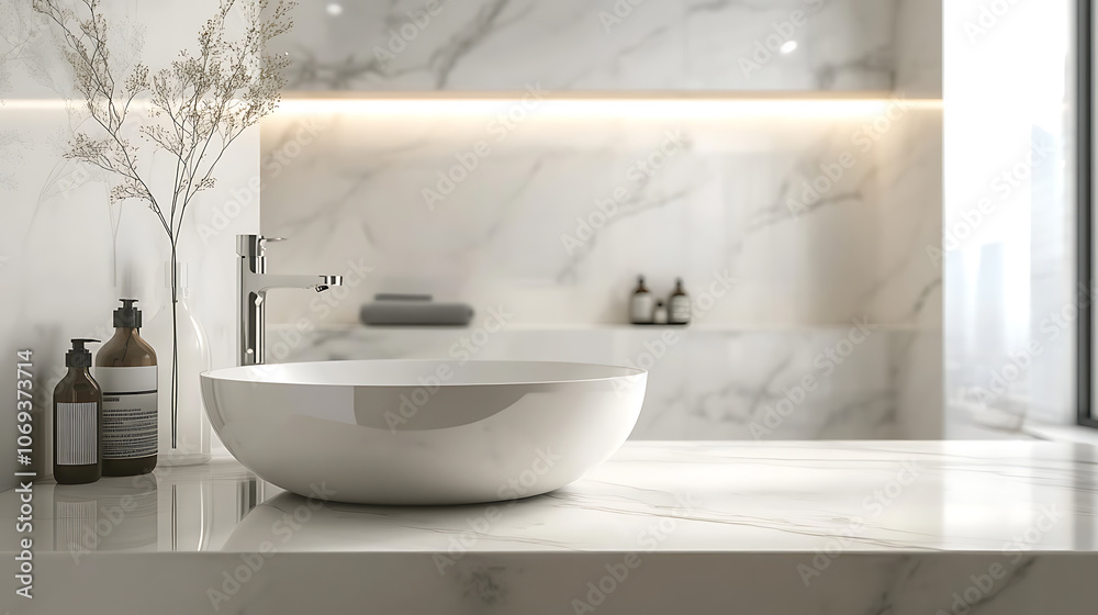 Fototapeta premium Modern bathroom interior with white tones, Empty marble table top for product display with blurred bathroom interior background