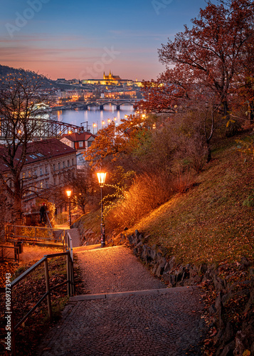 city prague river bridge europe night castle architecture sunset church water town travel tower reflection building czech old panorama winter skyline cathedral sunset light Fog,dawn, autumn sunrise	