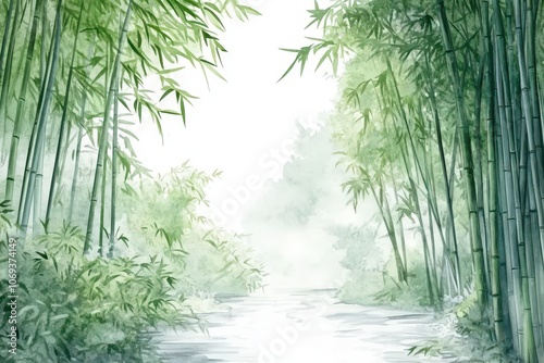 Bamboo Forest Watercolor with River, Minimalist Fantasy.AI Generation photo