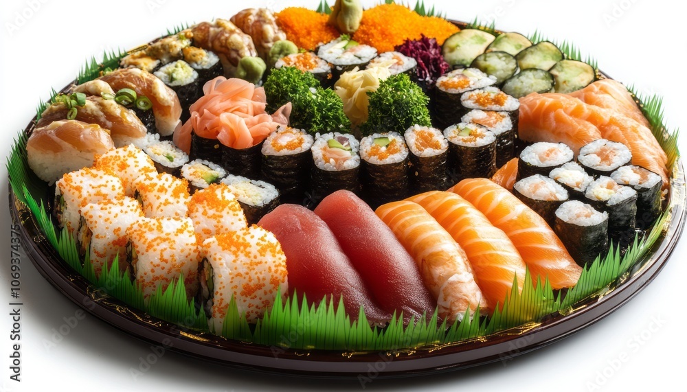 A vibrant assortment of sushi rolls on a decorative platter for a festive gathering A vibrant assortment of sushi rolls on a decorative platter for a festive gathering