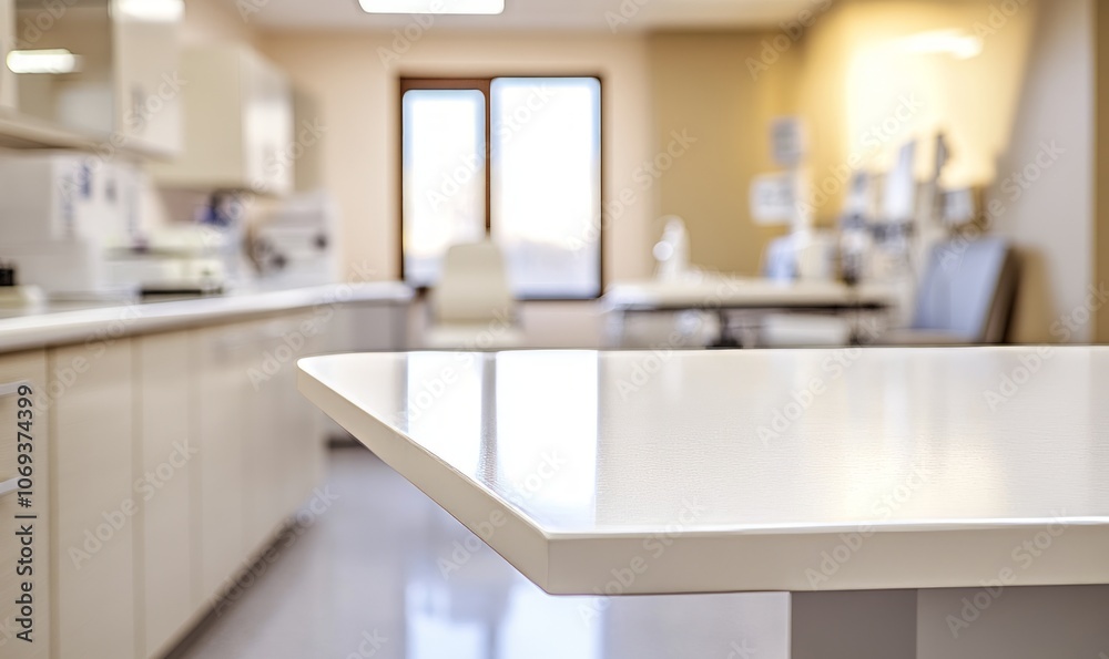 A pristine white tabletop counter sits empty in a hospital clinic, highlighting a tidy environment equipped for medical activities A pristine white tabletop counter sits empty in a hospital clinic, highlighting a tidy environment equipped for medical activities