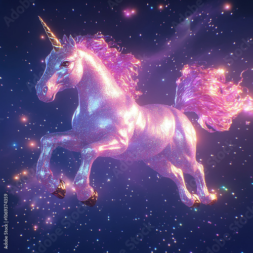 a unicorn with glitter and sparkles, flying in space, hyper-realistic, dreamy, with a glow effect, high resolution, against a dark purple background with stars and nebulae, vibrant colors photo