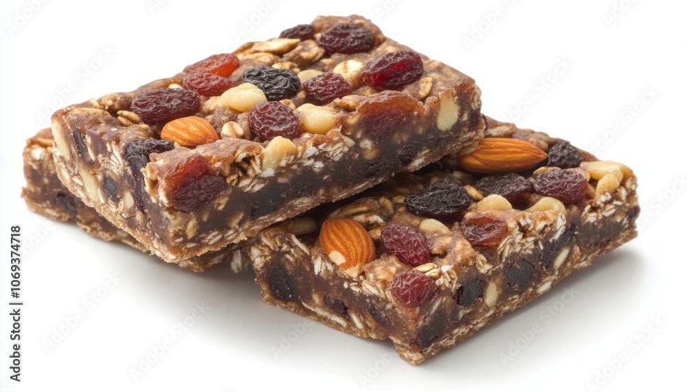 Nutty granola bars topped with dried fruits and nuts on a white background