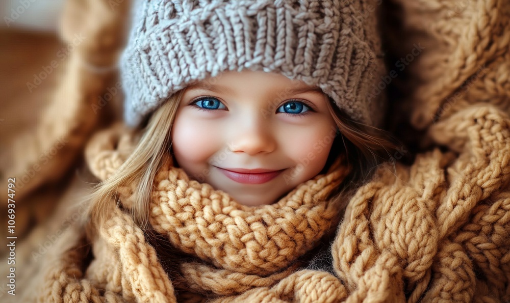 A Smiling Girl With Blue Eyes Wearing a Knitted Hat and Scarf Surrounded by Knitted Blankets During a Cozy Indoor Day A Smiling Girl With Blue Eyes Wearing a Knitted Hat and Scarf Surrounded by Knitted Blankets During a Cozy Indoor Day