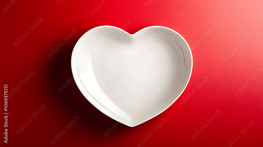 A heart shaped white plate on a red background A heart shaped white plate on a red background
