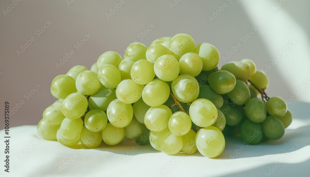 Fresh green grapes on a light surface illuminated by natural sunlight in the afternoon