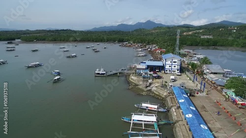Puerto Princesa in Palawan, Philippines.  Honda Bay with Coastline and Boats in Background. Sulu Sea. Drone