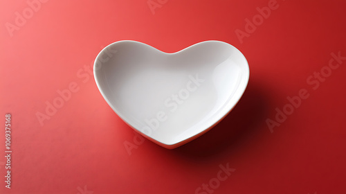 A heart shaped white plate on a red background