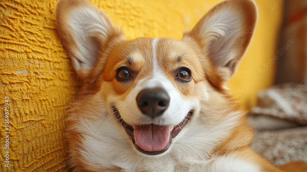 Cheerful corgi dog against bright yellow background Cheerful corgi dog against bright yellow background