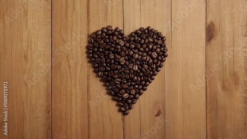 Heart shape made of roasted coffee beans on a wooden background, symbolizing love for coffee and warmth in a rustic setting