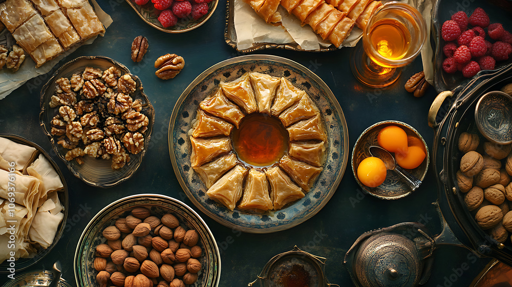 Baklava is a sweet pastry with layers of phyllo dough, nuts, and honey or syrup, Ramadan holiday Baklava is a sweet pastry with layers of phyllo dough, nuts, and honey or syrup, Ramadan holiday
