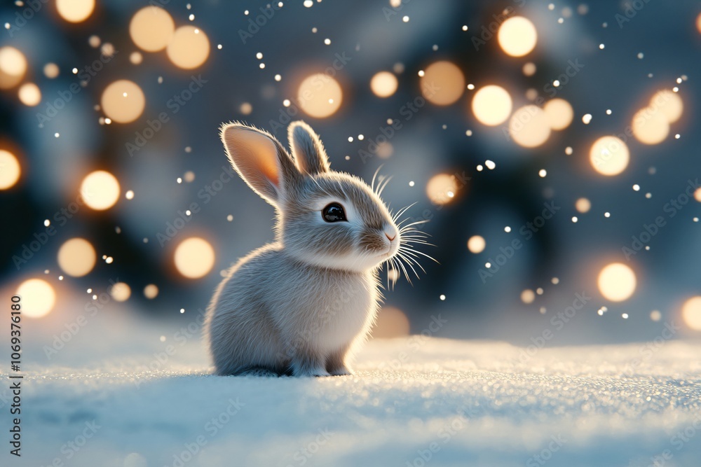 Cute rabbit sitting in snow in winter forest. Arctic hare. Funny Christmas animal. Beautiful scene from wild nature landscape. Background for banner, poster, wallpaper, greeting card Cute rabbit sitting in snow in winter forest. Arctic hare. Funny Christmas animal. Beautiful scene from wild nature landscape. Background for banner, poster, wallpaper, greeting card