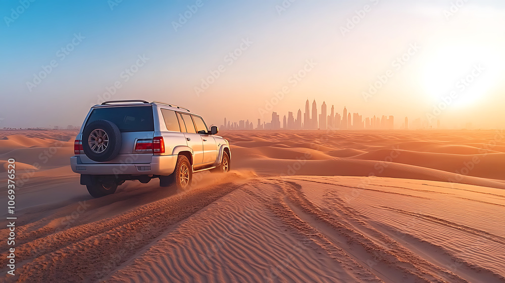 Dubai skyline on the horizon of a sand and dune landscape with tire tracks from a 4x4 vehicle during safari excursion, Blue sky at sunset Dubai skyline on the horizon of a sand and dune landscape with tire tracks from a 4x4 vehicle during safari excursion, Blue sky at sunset