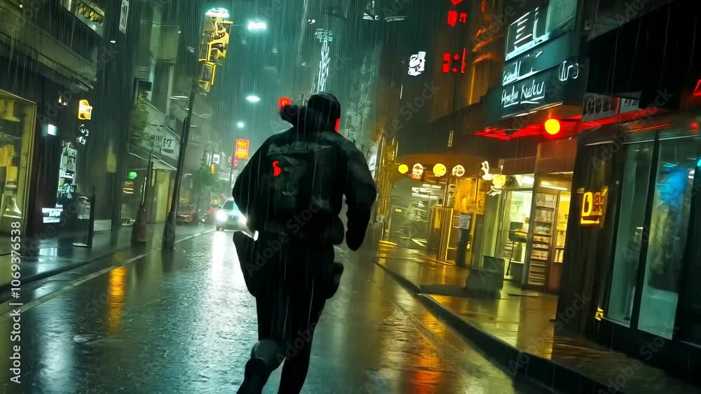 A man, back turned, walks alone on a wet street illuminated by vibrant city lights at night, reflecting a somber urban mood. The scene portrays solitude amidst urban chaos. A man, back turned, walks alone on a wet street illuminated by vibrant city lights at night, reflecting a somber urban mood. The scene portrays solitude amidst urban chaos.