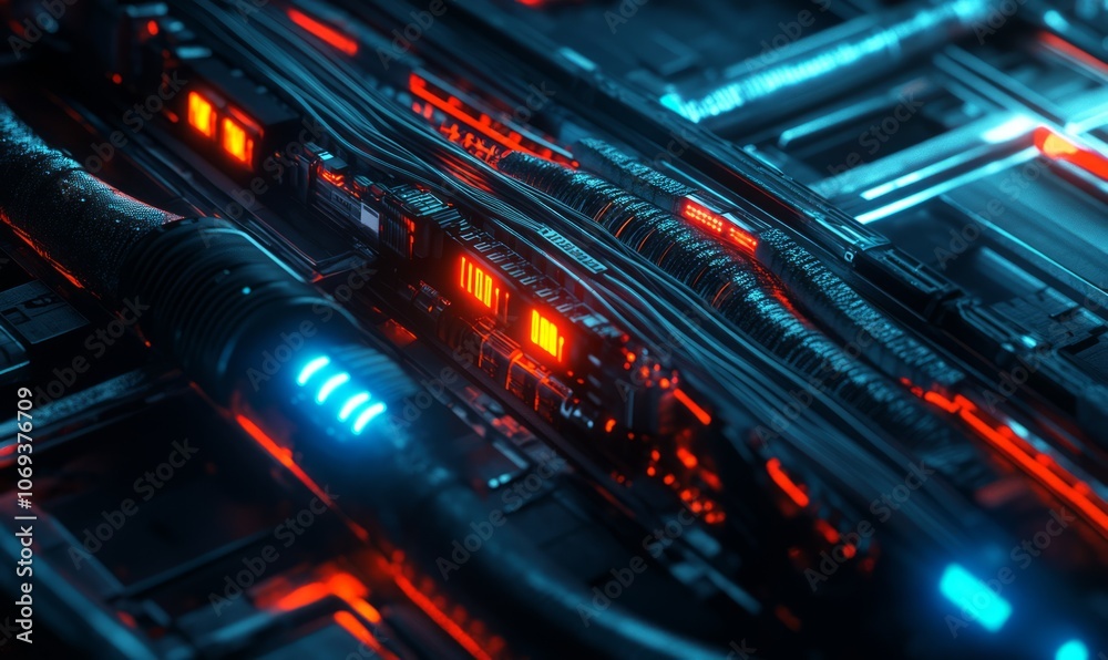 Obraz premium Data center cables, glowing network connections, futuristic tech infrastructure, dark background