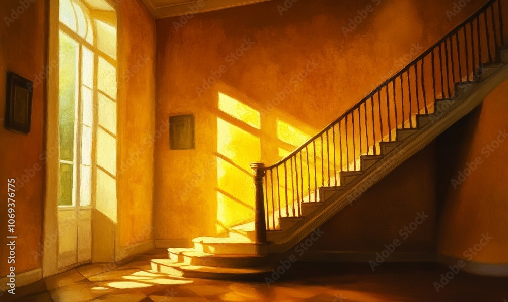 A staircase bathed in golden sunlight creates a peaceful atmosphere, inviting the viewer to appreciate the subtle play of light and shadow in this quiet setting A staircase bathed in golden sunlight creates a peaceful atmosphere, inviting the viewer to appreciate the subtle play of light and shadow in this quiet setting