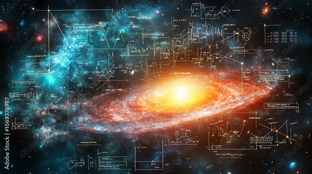 Fototapeta premium Mathematical and physical formulas against the background of a galaxy in universe, Space Background on the theme of science and education