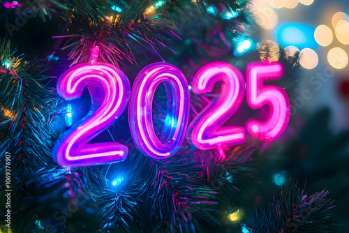 Merry Christmas and Happy New Year 2025! Neon number 2025 on the background of a Christmas tree and holiday lights, trends of 2025