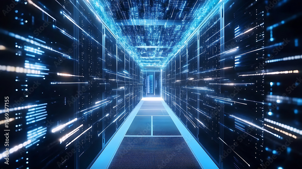 Modern web network and internet telecommunication technology, big data storage and cloud computing computer service business concept server room interior in datacenter in blue light Modern web network and internet telecommunication technology, big data storage and cloud computing computer service business concept server room interior in datacenter in blue light