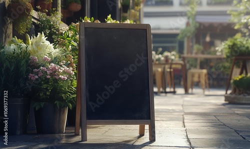 Blank shop sign or menu board near the entrance to flower shop or cafe. Blackboard sign mockup in front of a restaurant. Signboard, freestanding A-frame blackboard