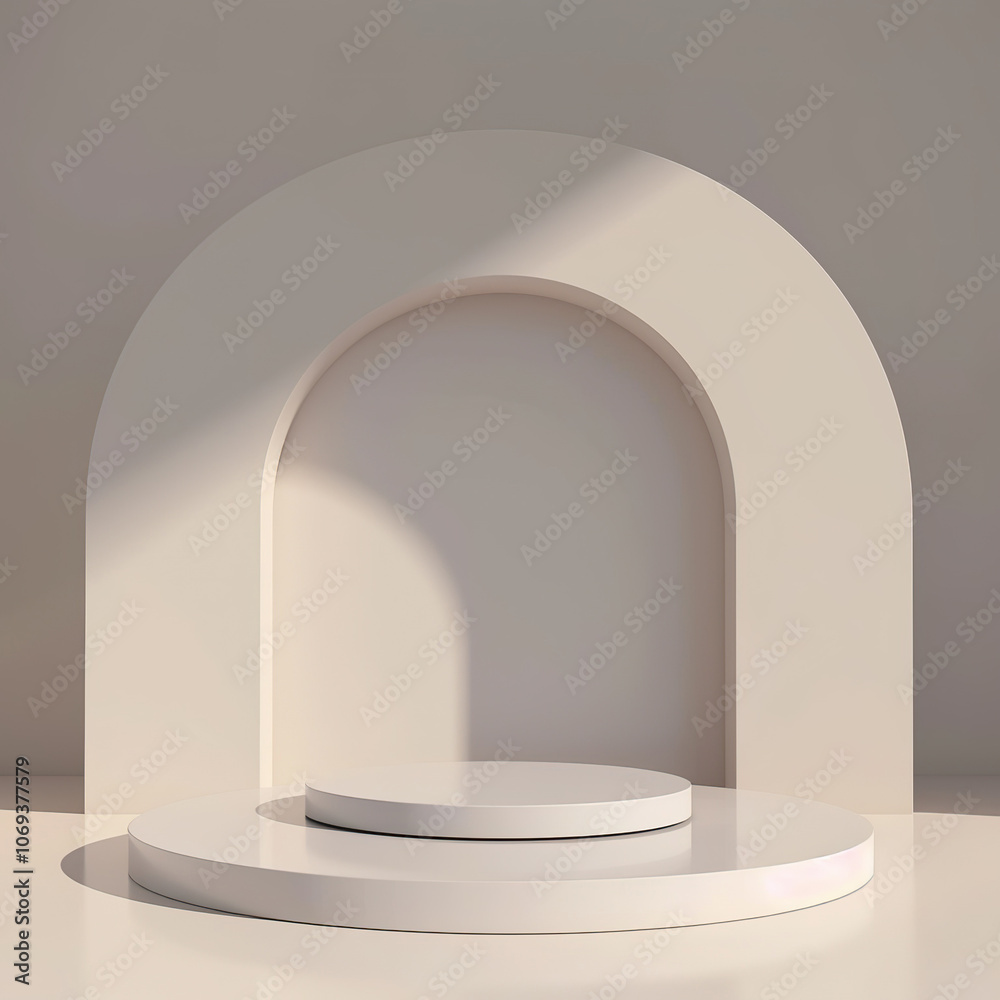 Minimalist beige arch with circular platform and soft shadows Minimalist beige arch with circular platform and soft shadows