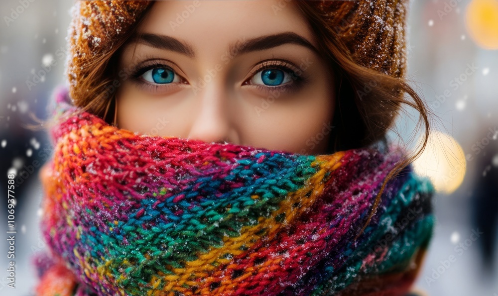 A Woman With Striking Blue Eyes Wears a Colorful Knitted Scarf While Standing Outdoors in a Vibrant City During the Winter Season A Woman With Striking Blue Eyes Wears a Colorful Knitted Scarf While Standing Outdoors in a Vibrant City During the Winter Season
