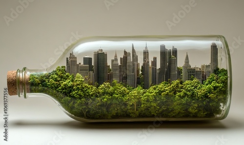 A metropolis enclosed in bottle symbolizes urban life and natures